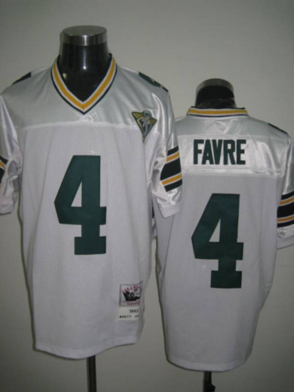 Mitchell Ness Packers #4 Brett Favre White With 75th Patch Stitched Throwback NFL Jersey