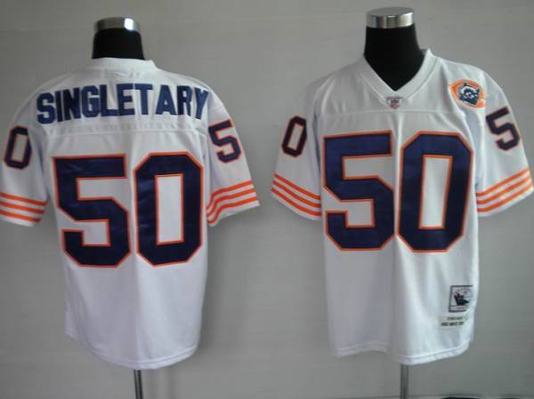 Mitchell Ness Bears #50 Mike Singletary White With Big Number Bear Patch Stitched Throwback NFL Jersey